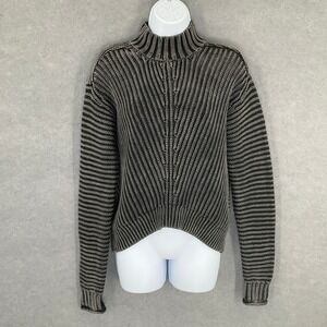 Lucky Brand Sweater XS Ribbed Chunky Knit Mock Neck Black‎ Gray Texture Pullover